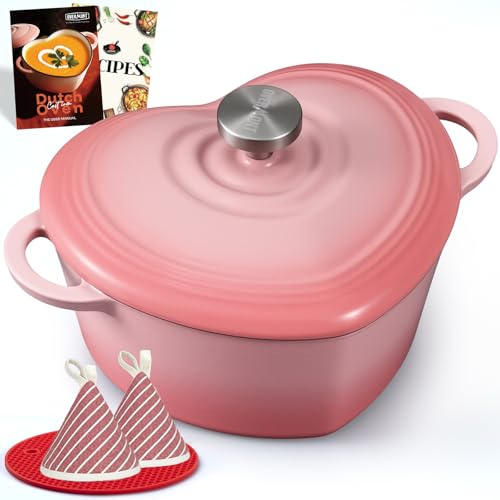 Overmont 2L Enamelled Cast Iron Dutch Oven - Heart-Shaped Casserole Dish with Lid - 2QT Mini Pot, Oven Safe to 260°C for Baking Bread, Soups & Stews - Gift for Wedding Birthday Housewarming, Pink | 2QT Mini Pot, Oven Safe to 260°C for Baking Bread, Soups & Stews - Gift for Wedding Birthday Housewarming, Pink