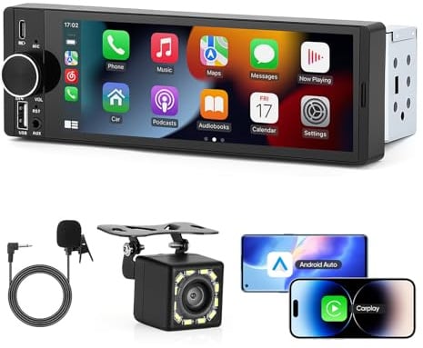 6,3 Zoll 1 DIN Autoradio mit Wireless CarPlay & Android Auto, Rückfahrkamera, Mirror Link, Freisprecheinrichtung, UKW-Radio, Lenkradsteuerung und Sprachsteuerung