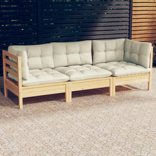 IBUQDDV 3-Sitzer-Gartensofa aus Massivholz Kiefer mit Creme Kissen, Modulares Terrassenmöbel für Loungebereich, Robustes Outdoor-Sofa mit Flexibler Aufstellung, 3er-Sitzgruppe