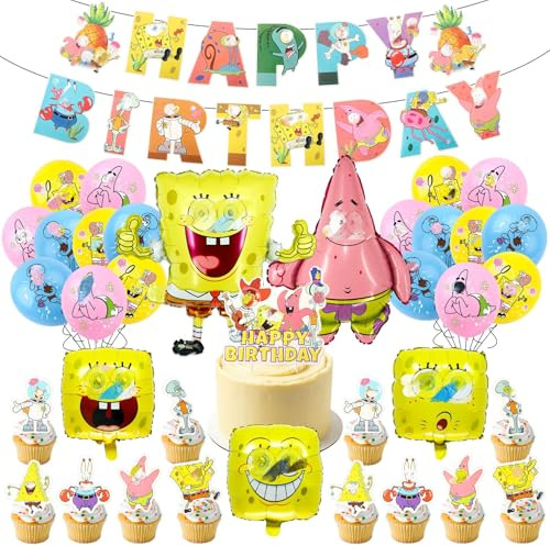 49 Stücke Gelb Geburtstag Deko, Cartoon Luftballons Geburtstagdeko,Unterwasserwelt Party Deko mit Foilballons Cake Topper Tortendeko Happy Birthday Banner für Kinder Jungen Geburtstags Party
