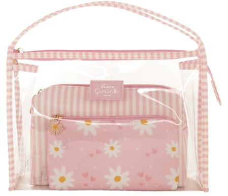 Camomilla Milano Set 3pz Beauty Bags Donna, PVC, Collezione Daisy Love, Colore Rosa