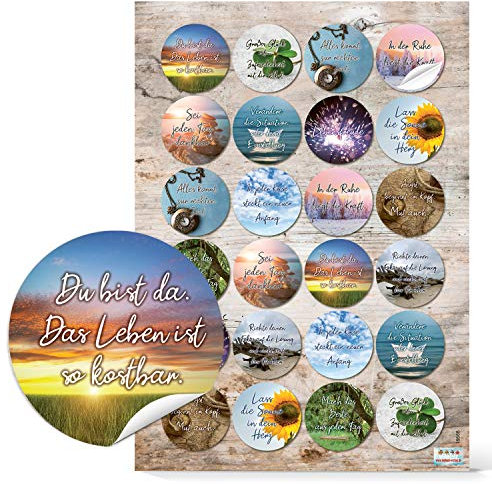 Logbuch-Verlag 24 Sprüche Aufkleber Motivation Liebe Freunde Genesung Achtsamkeit rund 4 cm Dankbarkeit