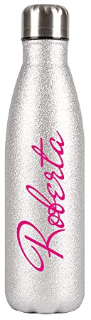 Fashion Graphic Bottiglia Termica Thermos Finitura Brillante Acciaio Inossidabile Inox Doppio Strato Borraccia Personalizzata Nome Chiusura Emetica 500ml Sport Yoga Tempo Libero (Silver)