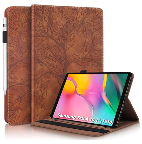 AsWant Samsung Tab A 2019 10.1 Zoll Schutzhülle PU Ledertasche Folio Flip Hülle Brieftasche Stifthalter Tablet Hülle für Samsung Galaxy Tab A 10.1 2019 SM-T510/SM-T515 Geprägte Baum - Braun