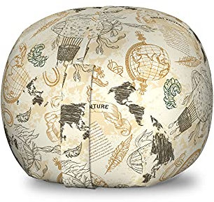 ABAKUHAUS Weltkarte Spielzeugtaschenstuhl, Vintage Globe Rope, Gefüllter Tier Organizer Waschbare Tasche für Kinder, Kleine Größe, Beige Olivgrün
