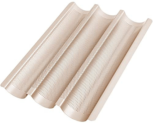 GOURMEO Non-Stick Baguette Baking Tray - 38.5 cm x 28.5 cm - French Bread Baking Trays for 3 Baguettes - Easy to Use & Clean - Champagne