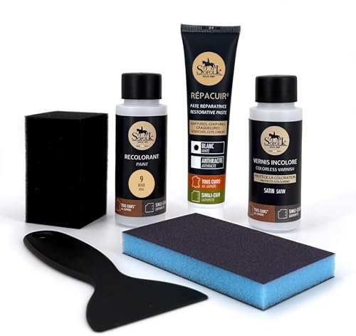 SOFOLK DEPUIS 1989 Kit Rénovation Cuir 21 Couleurs : Réparation + Peinture Cuir + Vernis pour Volant ou retouche de siège Auto, Chaise, sellerie, Blouson, Veste, Chaussure, etc (9-Beige)