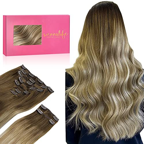 WENNALIFE Extensiones de Clip de Pelo Natural, Ombre Marrón Nogal a Castaño Ceniza y Rubio Blanquecino 150g 50cm 9 Piezas Extensiones Pelo Natural Extensiones Pelo Natural Clip Extensiones de Clip