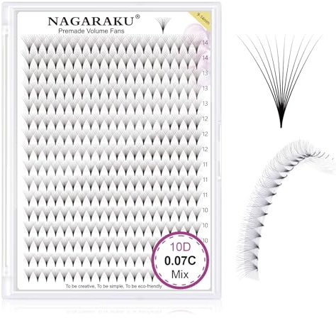 NAGARAKU Eyelash Extensions 320 Pcs Premade Fans Russian Volume Long Stem Premade Fans Thin Pointy Base Natural Pre Fanned Fluffy False Eyelash Clusters Black 16 Rows (10D 0.07 C Curl 9-14mm Mix Tray)
