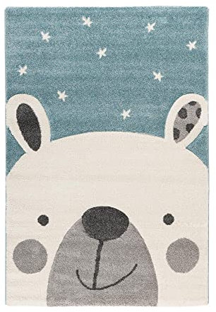 Qiyano Teppich für Kinderzimmer Spielmatte mit Tiermotiv Panda-Bär Bär Hase Pinguin Kinderteppich für Junge und Mädchen, Motiv: Bär, Farbe: Blau, Größe: 120 x 170 cm