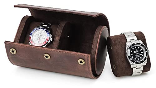 Hiram Uhrenkoffer aus echtem Leder für 2 Uhren, handgefertigt, aus echtem Leder, Reiseuhr, schützend, tragbar, flexibles Kissen, Schlitz-Montage-Design