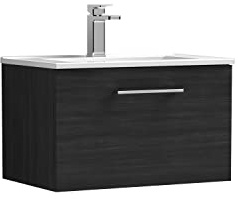 nuie ARN622B Arno Modern Bathroom Wall Hung 1 Drawer Vanity Unit with Minimalist Ceramic Basin, 600mm, Woodgrain Charcoal Black