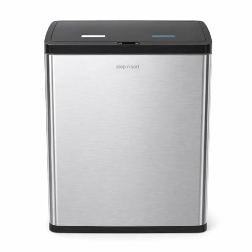 Step N' Sort 60L Touchless Dual Recycling Bin, Motion Sensor Kitchen Bin, 2 x 30L Removable Buckets, Soft Close Lid, Fingerprint Resistant Stainless Steel Rubbish Bin