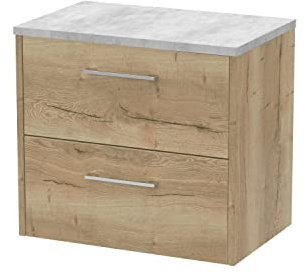 Hudson Reed JNU1824LBG Juno Modern Bathroom Wall Hung 2-Drawer Vanity with Bellato Grey Laminate Worktop, 600mm, Woodgrain Autumn Oak