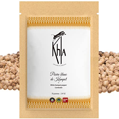 Khla - White Kampot Pepper 70g - Organic White Kampot Peppercorns - Premium Cambodian Pepper - Grand Cru, Strong & Powerful - for Grinder Refill - Direct from Producer - Origin Cambodia