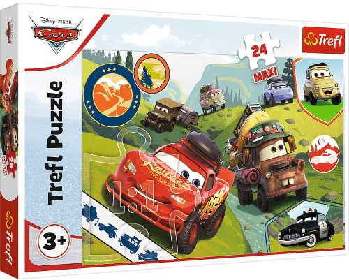 Tréfl - Cars, Voitures Heureuses - Puzzle 24 Maxi - 24 grandes pièces, puzzles colorés avec des personnages Disneyvoitures 3, Divertissement créatif, Amusant pour les enfants à partir de 3 ans