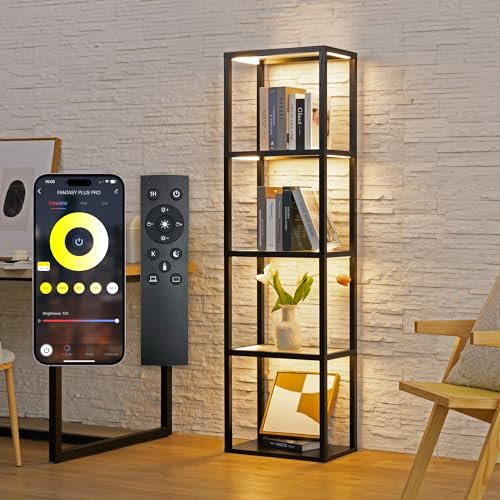 FENLO Fantasy Plus 66 Luxury Glass Display Shelf with Dimmable LED Floor Lamps, Sturdy Glass Shelves for Bedroom, Curio Cabinet with Bookshelf Display Case, Black
