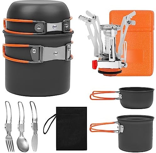 BILIPLE Set di 6 Pentole da Campeggio, Pentole Set da Campeggio con Mini Fornello Portatile, Set da Cucina da Campeggio Pieghevole, per 1-2 Persone, per Picnic, Campeggio, Arrampicata, Trekking