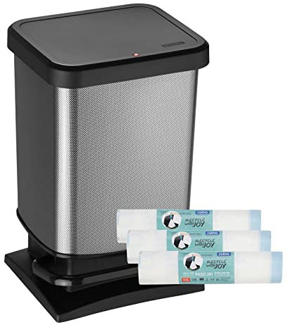 Rotho Paso Set Mülleimer 20l mit 3x 15 passenden Müllbeutel, , carbon metalic, 20l (29.3 x 26.6 x 45.7 cm)