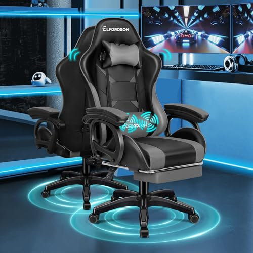 ELFORDSON Gaming Chair with 2-point Massage Lumbar Cushion, High Back PC Computer Game Chair, 150° Reclining Office Chair with Headrest & Footrest, 360° Swivel, Home Esports, PU Leather, Grey