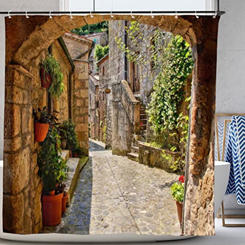 Abaysto Tenda da doccia magica da giardino, in tessuto di poliestere, impermeabile, con motivo con pietre per patio, per box doccia, tende da bagno con 12 ganci 180 x 180 cm