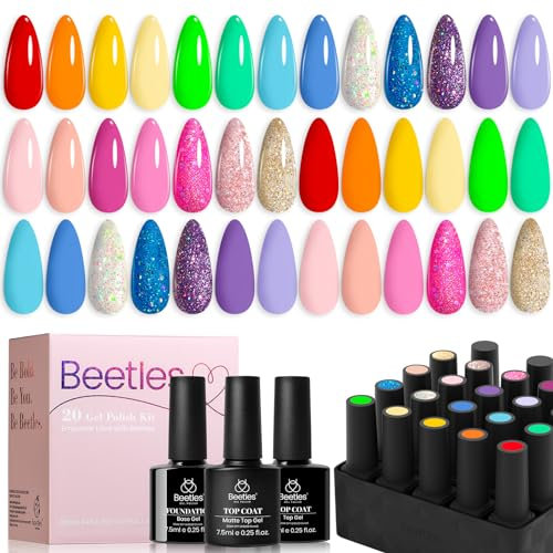 Beetles UV Gel Nagellack Set - 23 Stuck 20 Farben Pastell Grün Rosa Blau Glitzernd Nackt Maniküre Set mit 3 Stuck Basislack und glänzendem Decklack für Frauen Mädchen Anfänger DIY Nail Maniküre