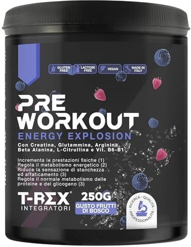 T-Rex Integratori Pre Workout, Energy Drink Potente con Creatina Monoidrata, Bcaa, Arginina, Beta Alanina e Vitamine - Senza Caffeina, 250 g (250 g (Confezione da 1), Frutti di Bosco)