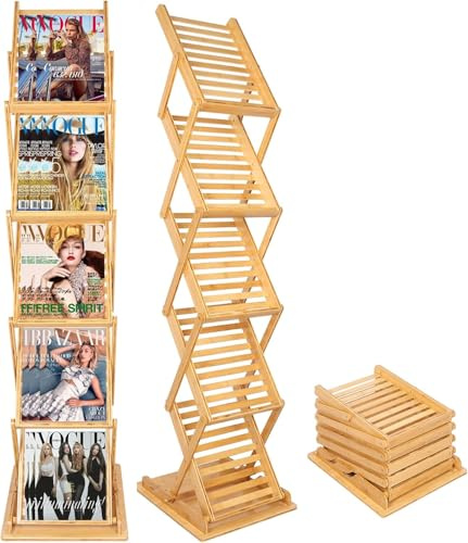 Nynelly Présentoir à Brochures Pliable Porte-revues Pliable en Bambou, Presentoir a4 Support pour Littérature, étagère d'exposition,Présentoir de Salons Support pour Prospectus de Sol 5 Poches