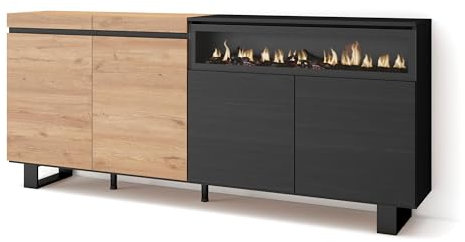 Skraut Home | Sideboard, Highboard | Kommode, Komodenschrank | 200x87x35cm | 4 Türen | Elektrokamin. Maße | Industriedesign | Moderner Stil | Eiche Schwarz