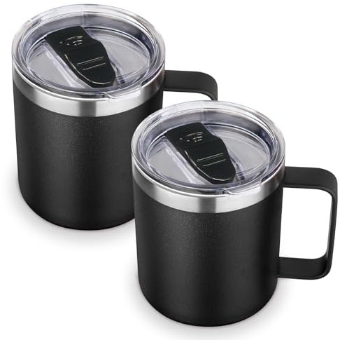 Volhoply 14oz Insulated Stainless Steel Coffee Mug with Lid Bulk 2 Pack,Double Wall Vacuum Travel Coffee Cup with Handle,Reusable Metal Tumbler,Camping Mugs Keep Hot,Christmas Gifts(Black,2 Set)