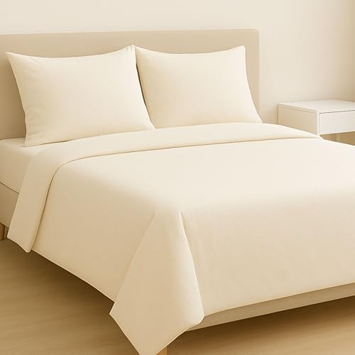 MAXIME MAISON - Bettlaken Set Baumwolle (4 Teilige, Creme) für Allergiker geeignet, 1 Spannbettlaken 140x200cm, 1 Bettlaken 220x285cm und 2 Kissenbezüge 52x82cm (BETTBEZUG Nicht ENTHALTEN)