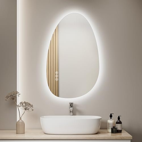 S'AFIELINA Miroir de Salle de Bain avec Éclairage 85 x 50 cm Miroir Rond Asymétrique avec Interrupteur Tactile, Dimmable, 3 Couleurs de Lumière Réglables, Antibuée Miroir de Salle de Bain