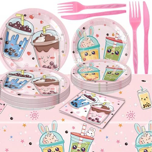 Boba Tea Party Supplies, Bubble Tea Birthday Decoration Set Include Milk Tea Theme Tablecloth Paper Plate Napkin and Tableware for Kids Girl Pearl Milk Tea Themed Birthday Party