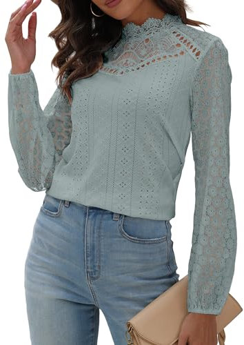 Hount Damen Spitze Shirt Stehkragen Casual Blusen Knopfleiste Laternenärmeln Blusenshirt Oberteile (M, Grün)