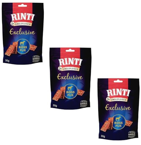 Rinti Singlefleisch Exclusive Snack Ross Pur | 3er Pack | 3 x 50 g | Ergänzungsfuttermittel für ausgewachsene Hunde | Ausschließlich Ross für empfindliche Hunde bei Allergien | Als Belohnung