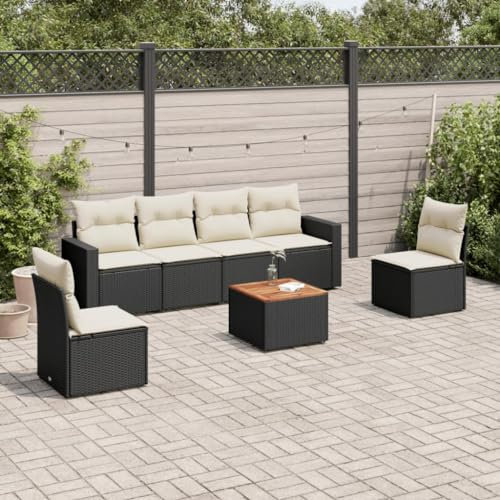 QJBSAVVA 7-TLG. Garten-Sofagarnitur, Lounge Tisch Balkon Sessel Gartenlounge Eckbankgruppe Geeignet für Garten Wenig Platz Außen Balkon mit Kissen Schwarz Poly Rattan