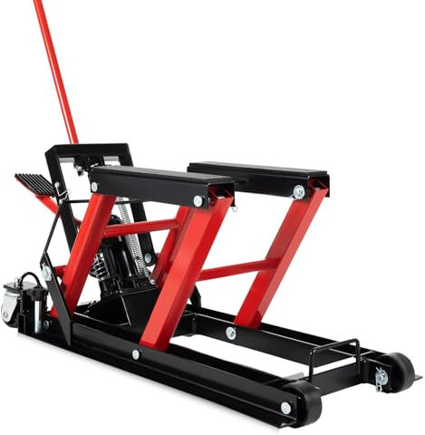 Caskunbsy Sollevatore per moto, cavalletto di montaggio, idraulico, per moto, sollevatore a 4 livelli, pieghevole, 680 kg (rosso + nero)