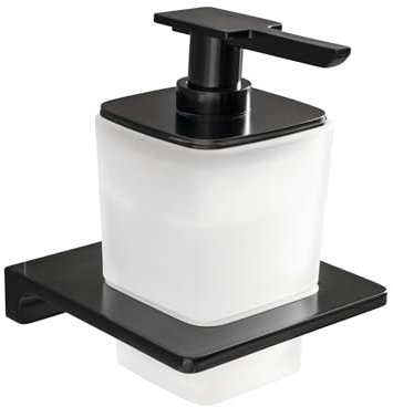 Badedu Sirius Seifenspender in Matt Schwarz – Moderne Eleganz mit Glas und abgerundeten Kanten für das Bad (10,5x13,9x11,2cm, inkl. Montagezubehör)