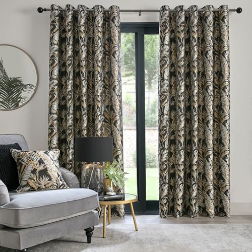 Laurence Llewelyn-Bowen - Black Tropical Palm Tree Curtains W66 x L54 (168 x 137cm) - Jacquard Curtains with Floral Leaf/Fern - Luxury Drapes for Living Room & Bedroom - Paradise Palm Collection