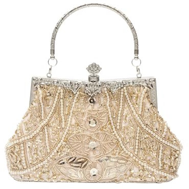 CORIOS Vintage 1920s Clutch Tasche Damen Handgemachte Perle Handtasche Abendtasche Elegante Schultertasche Kette Umhängetasche Klein Tasche Hochzeit Bankett-Party Abschlussball Tasche Champagner