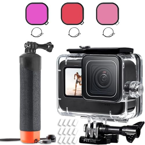 FitStill 60M/196FT Underwater Waterproof Case with Dive Filters Compatible for Go Pro Hero 12/Hero 11/Hero 10/Hero 9 Black,Monopod Floating Hand Grip Dive Hero 12/11/10/9 Black Accessory Kit