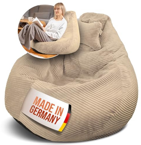 LazyCloud Sitzsack für Erwachsene mit integrierter [Nackenstütze] Cord | XXL Indoor Bean Bag mit Füllung | perfekt als Chill-, Lese- oder Gaming Sessel (90 x 80 x 70 cm) (Sandbeige)