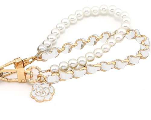 TENGEE Braccialetto per cellulare con perle, universale, 1 collana per cellulare con perle bianche lunghe + 1 catenina per cellulare corta dorata, cordino rimovibile per la maggior parte degli