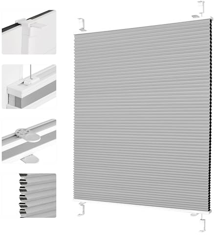 Grandekor Wabenplissee ohne Bohren Weiß-Hellgrau 45x110cm (BxH) | Verdunklungsplissee Klemmfix Plissee ohne Bohren Verdunkelung Thermo Rollo Wärmedämmung, Privatsphäre - & Sonnenschutz