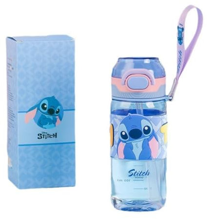 ISABELLA MOON Water Bottle Reusable Kids 520ml PP with Two Lids Leak Proof with straw Lid BPA Free Drinking bottle (Stitch2)