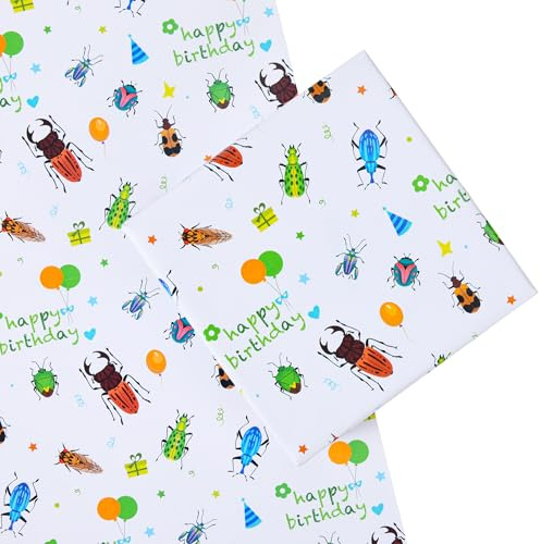 Titiweet Bugs Geschenkpapier, 4 große Bögen Insekten-Geschenkpapier für Jungen und Mädchen, 100 x 70 cm pro Bogen (Käfer)