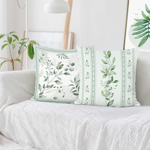 Bonhause 2er Set Kissenbezüge Blätter Grüne 45 x 45 cm Eukalyptus Dahlie Dekorative Kissenhülle Zierkissenbezüge für Sofa Schlafzimmer Wohnzimmer Zuhause Garten Dekoration