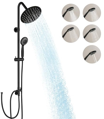 BAITUJIE Colonne de Douche Noir sans Mitigeur Ensemble de Douche Mural en Acier Inoxydable avec Douche de tête Ronde de 20 cm, Douchette à main 5 Types d'eau