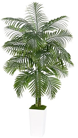 TXABL Golden Cane Artificial Palm Tree Indoor 5FT Outdoor Artificial Plants Tree with White Planter, Tall Fake Tropical Paradise Palm Trees for Living Room Patio Poolside Office Home Decor