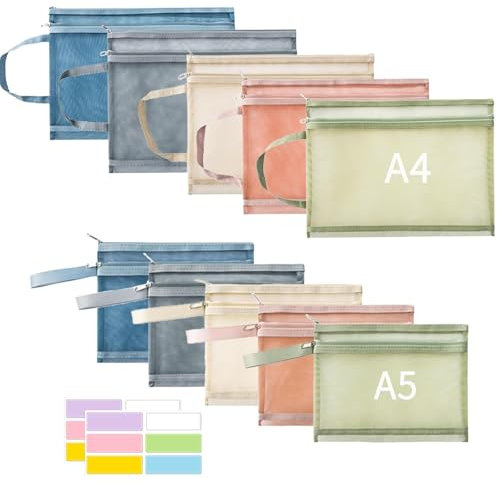 Colored Mesh Zipper Pouch Bags, 5pcs A4 & 5pcs A5 Double-Layer Nylon Puzzle & Building Block Toy Storage & Organisation, Breathable See-Through Pouch with Handle for Home, School, Office & Games